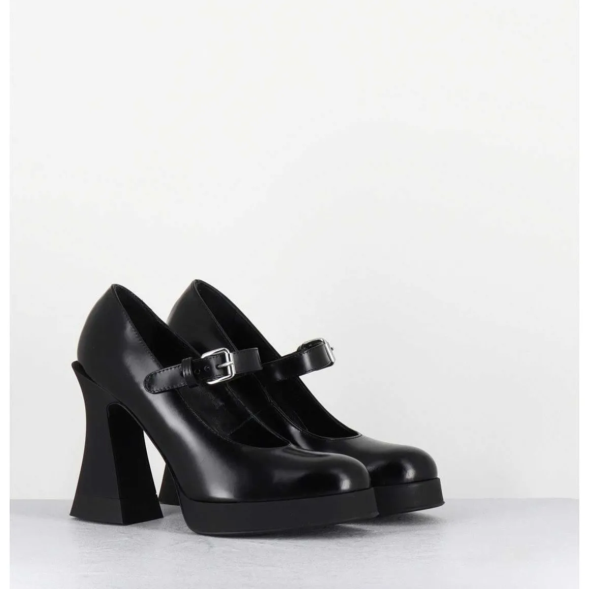 Babies A Plateforme En Cuir Noir & Talon Haut - Janis Mary Jane