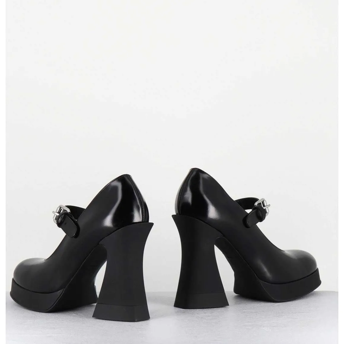 Babies A Plateforme En Cuir Noir & Talon Haut - Janis Mary Jane
