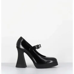 Babies A Plateforme En Cuir Noir & Talon Haut - Janis Mary Jane