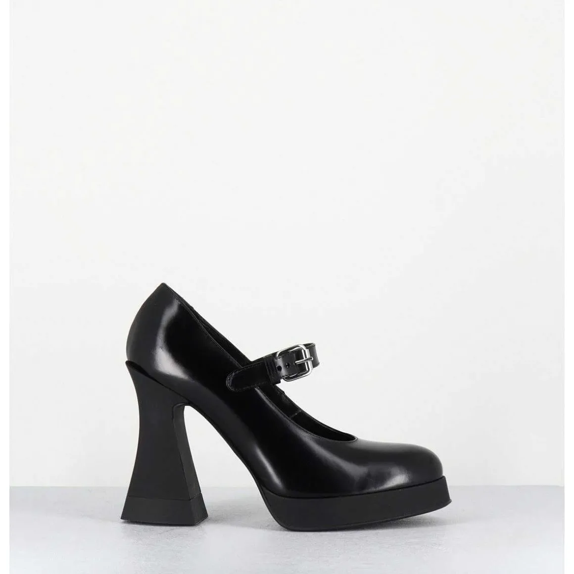 Babies A Plateforme En Cuir Noir & Talon Haut - Janis Mary Jane