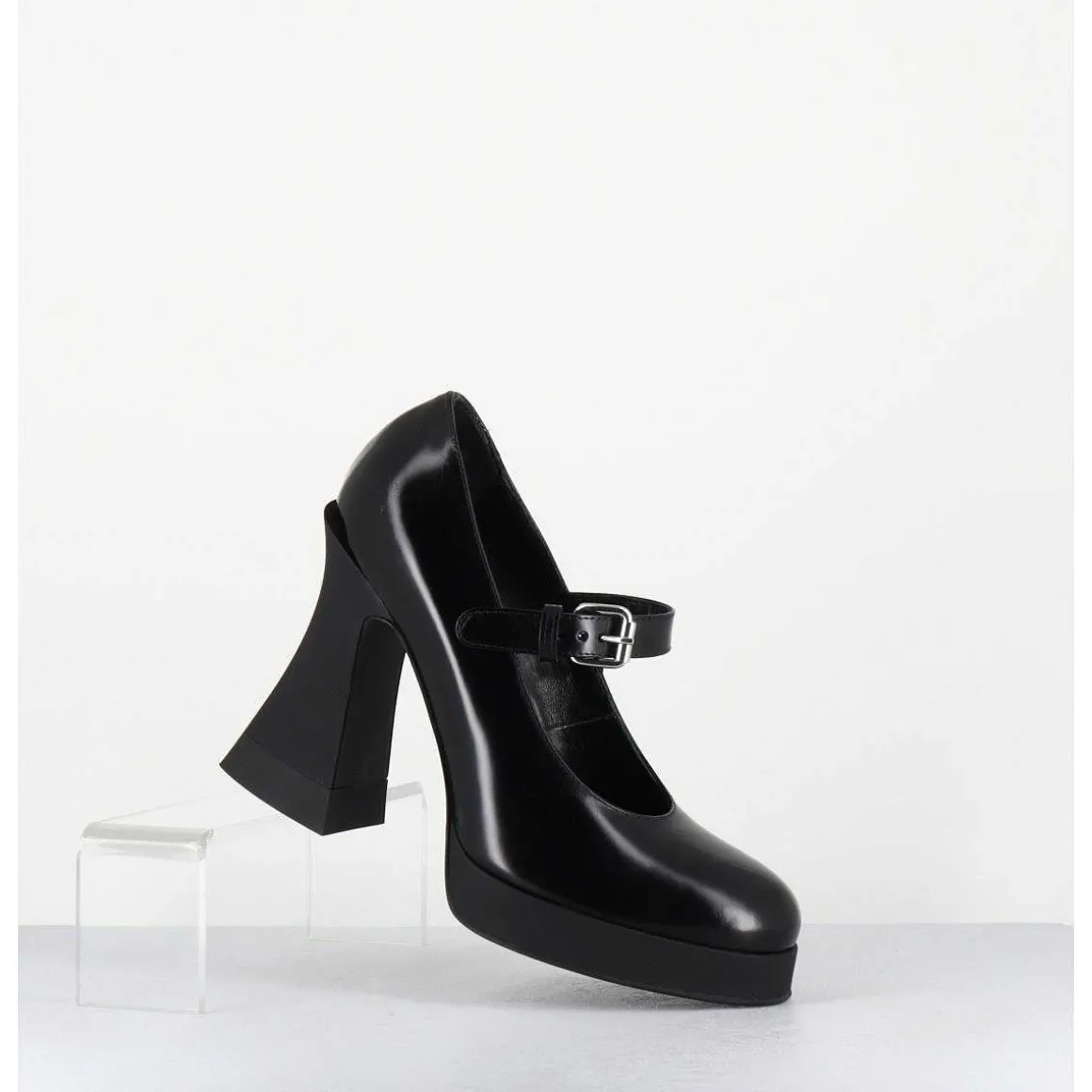 Babies A Plateforme En Cuir Noir & Talon Haut - Janis Mary Jane