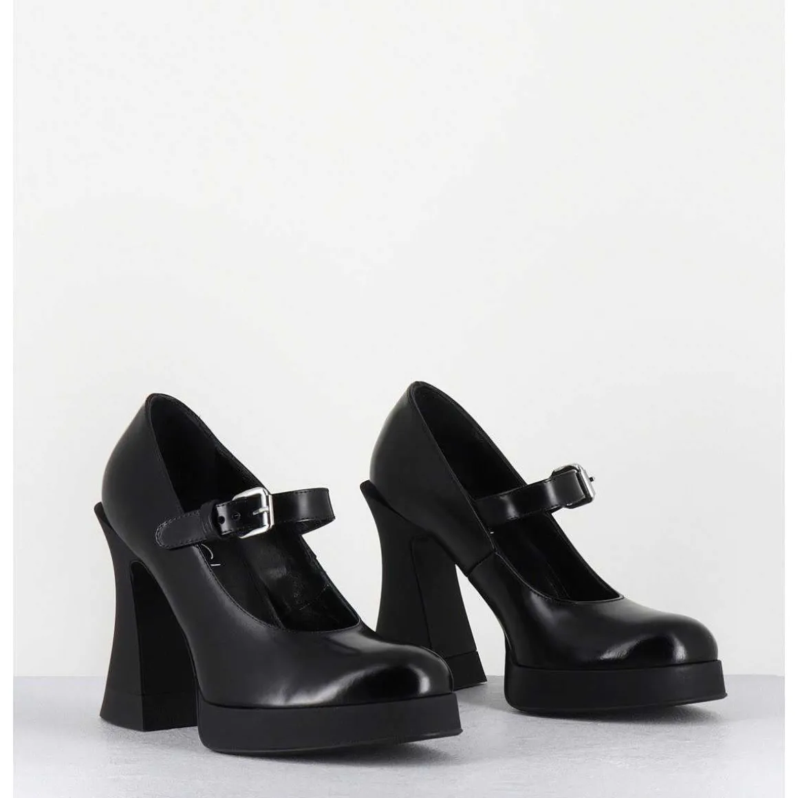 Babies A Plateforme En Cuir Noir & Talon Haut - Janis Mary Jane