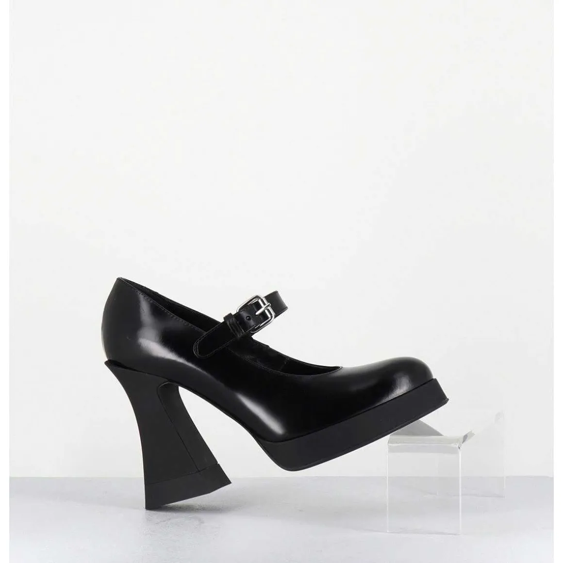 Babies A Plateforme En Cuir Noir & Talon Haut - Janis Mary Jane