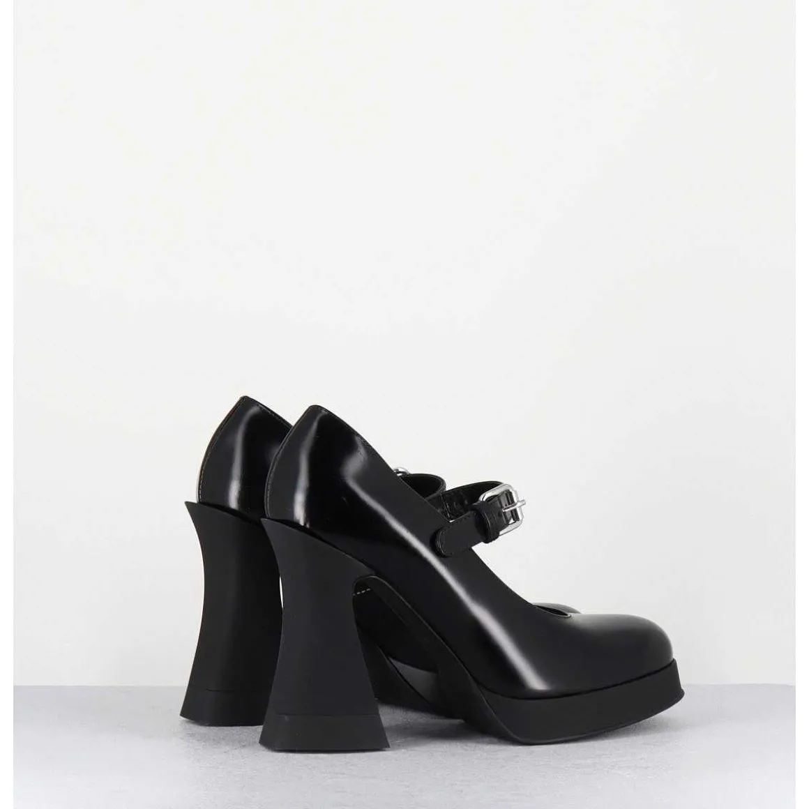 Babies A Plateforme En Cuir Noir & Talon Haut - Janis Mary Jane
