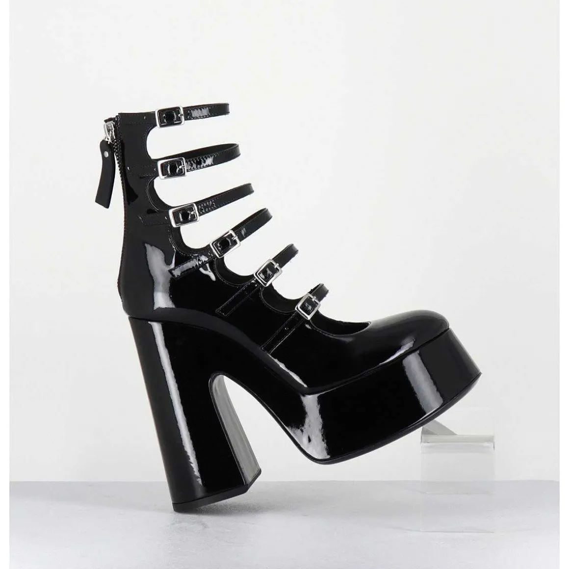 Babies A Plateforme Multi-Brides En Cuir Vernis Noir - 1D7756D Piuma Black