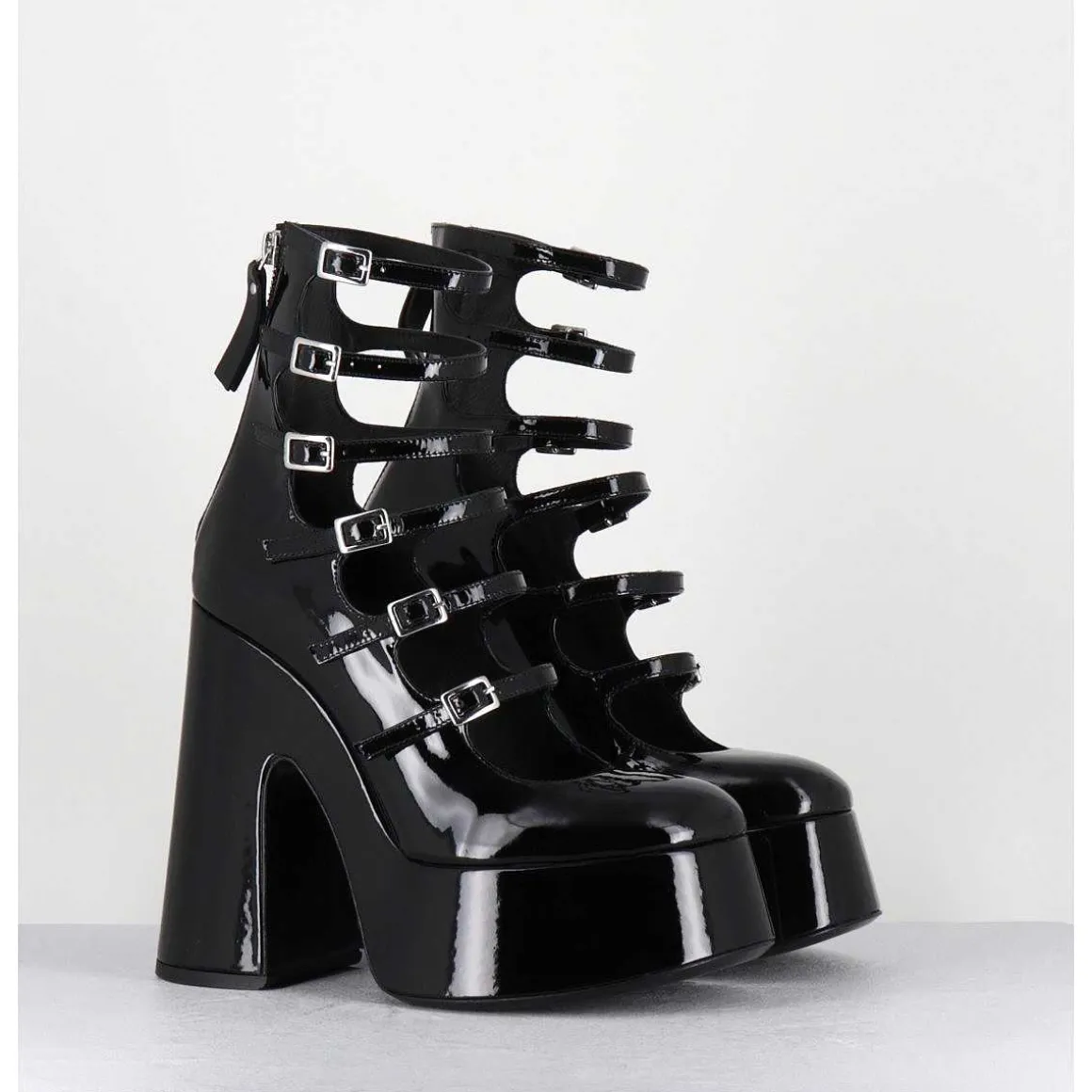 Babies A Plateforme Multi-Brides En Cuir Vernis Noir - 1D7756D Piuma Black