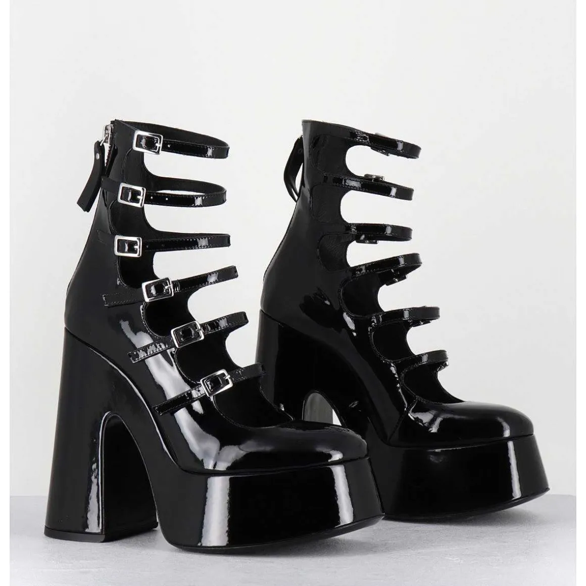 Babies A Plateforme Multi-Brides En Cuir Vernis Noir - 1D7756D Piuma Black