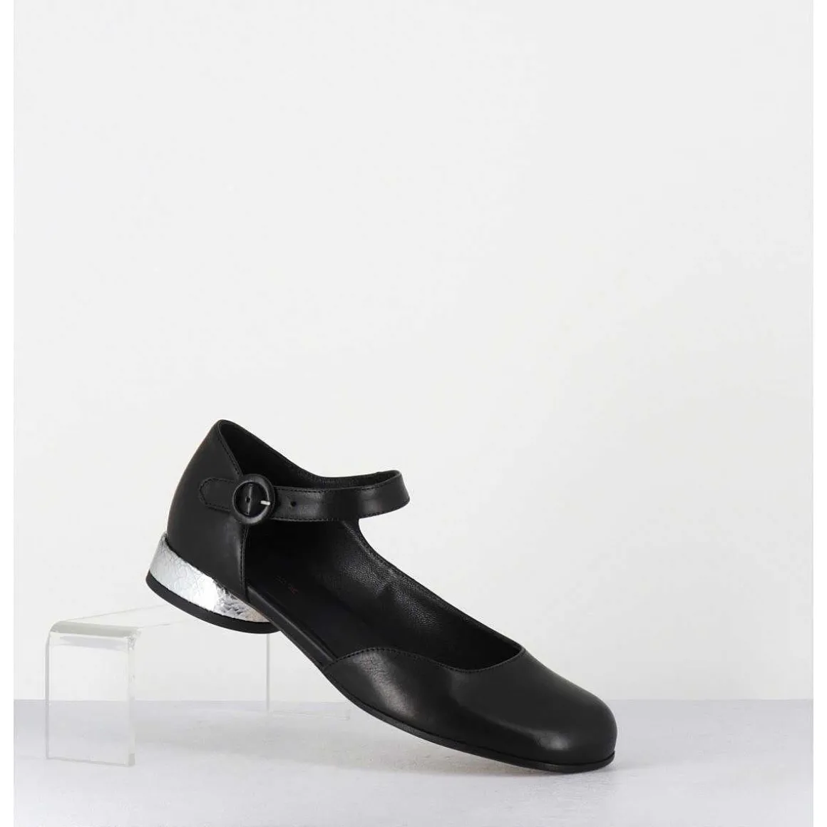 Babies Asymetrique En Cuir Noir Petit Talon Argent - Mani2 Fular Nero
