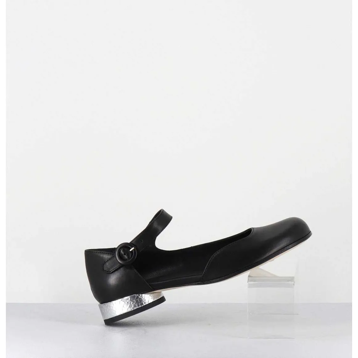 Babies Asymetrique En Cuir Noir Petit Talon Argent - Mani2 Fular Nero