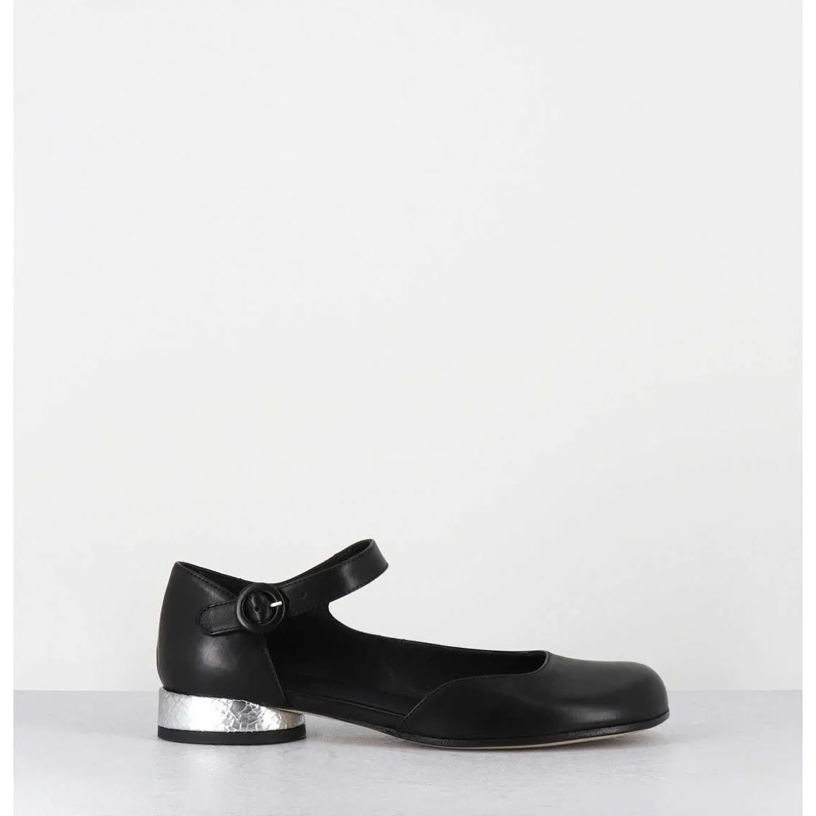 Babies Asymetrique En Cuir Noir Petit Talon Argent - Mani2 Fular Nero
