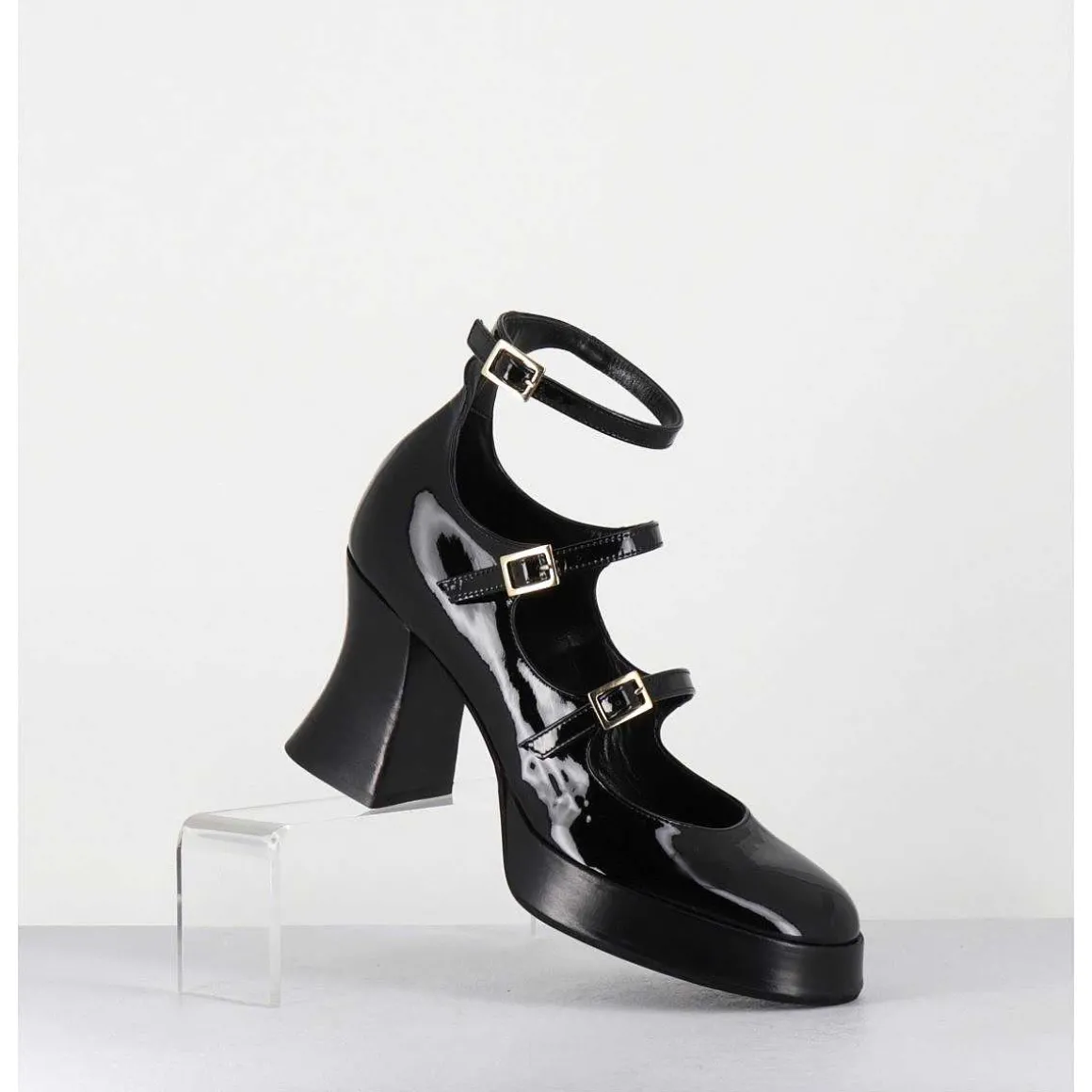 Babies Multi-Brides A Plateforme En Cuir Vernis Noir - Galan Vernice Nero