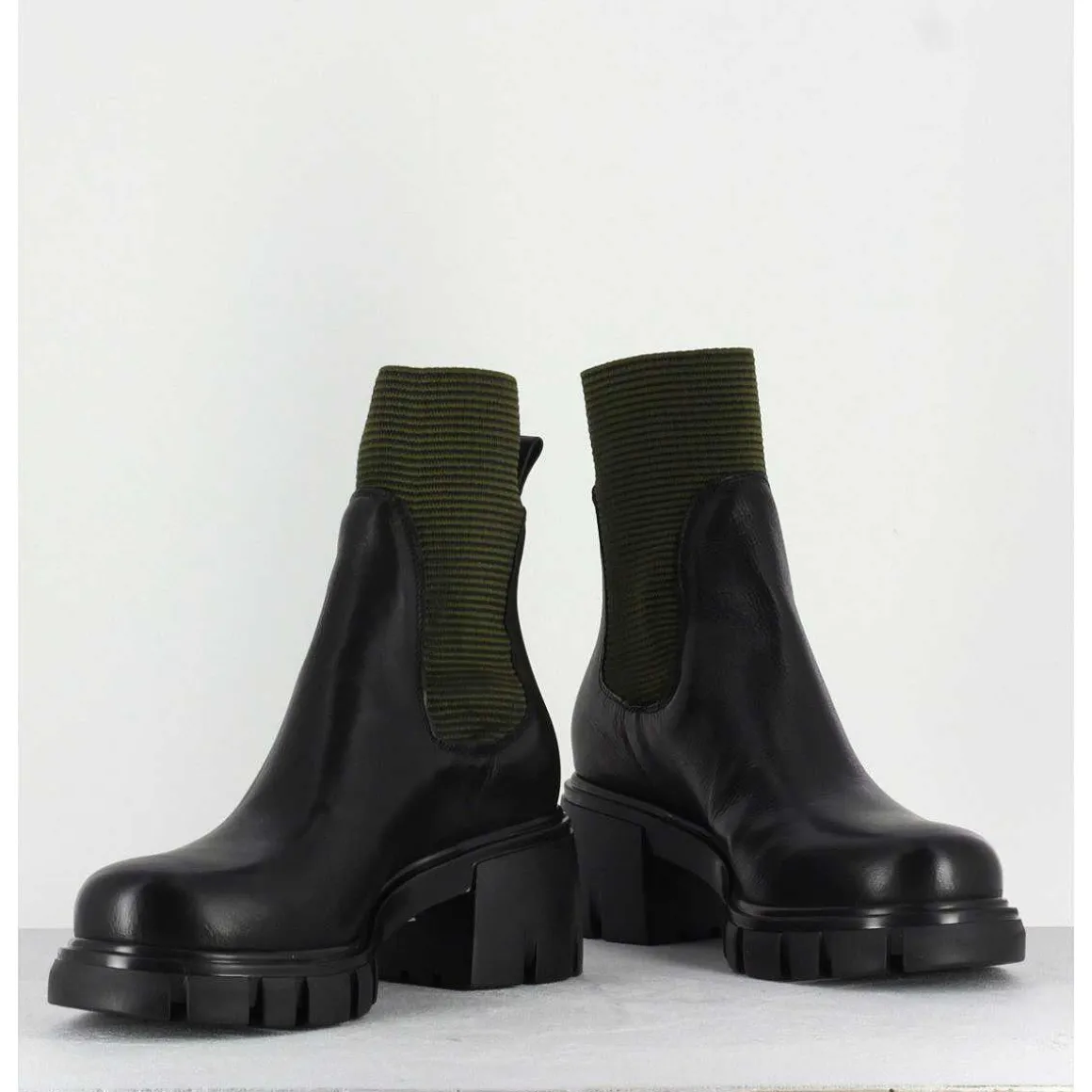 Bikers En Cuir Noir & Elastique Kaki - 6424 Bosco