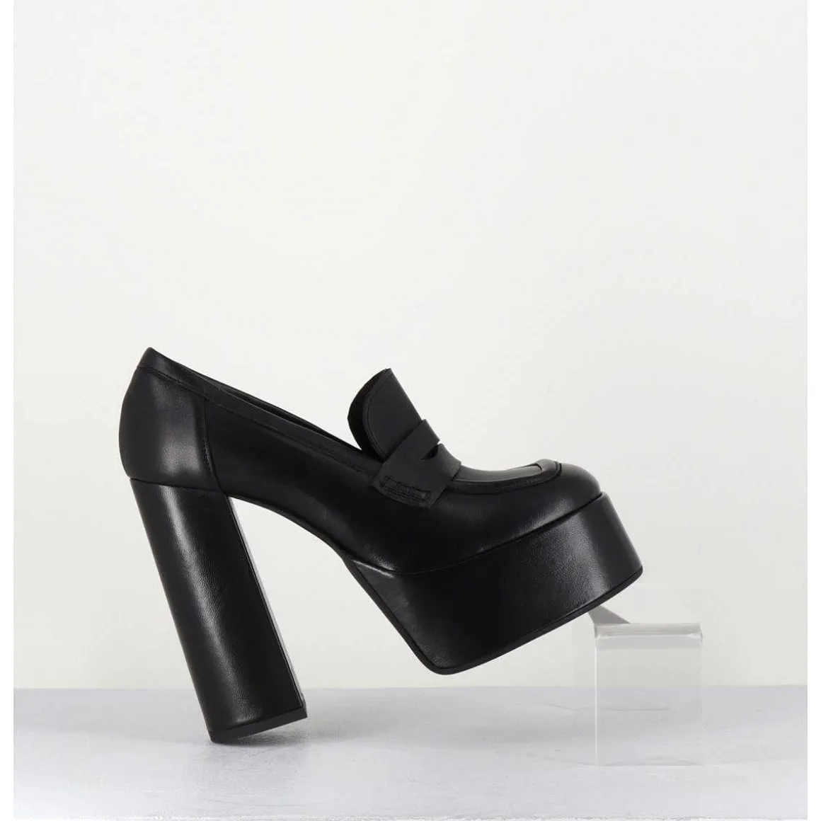 Black Leather Platform Loafers - Barsi Nero