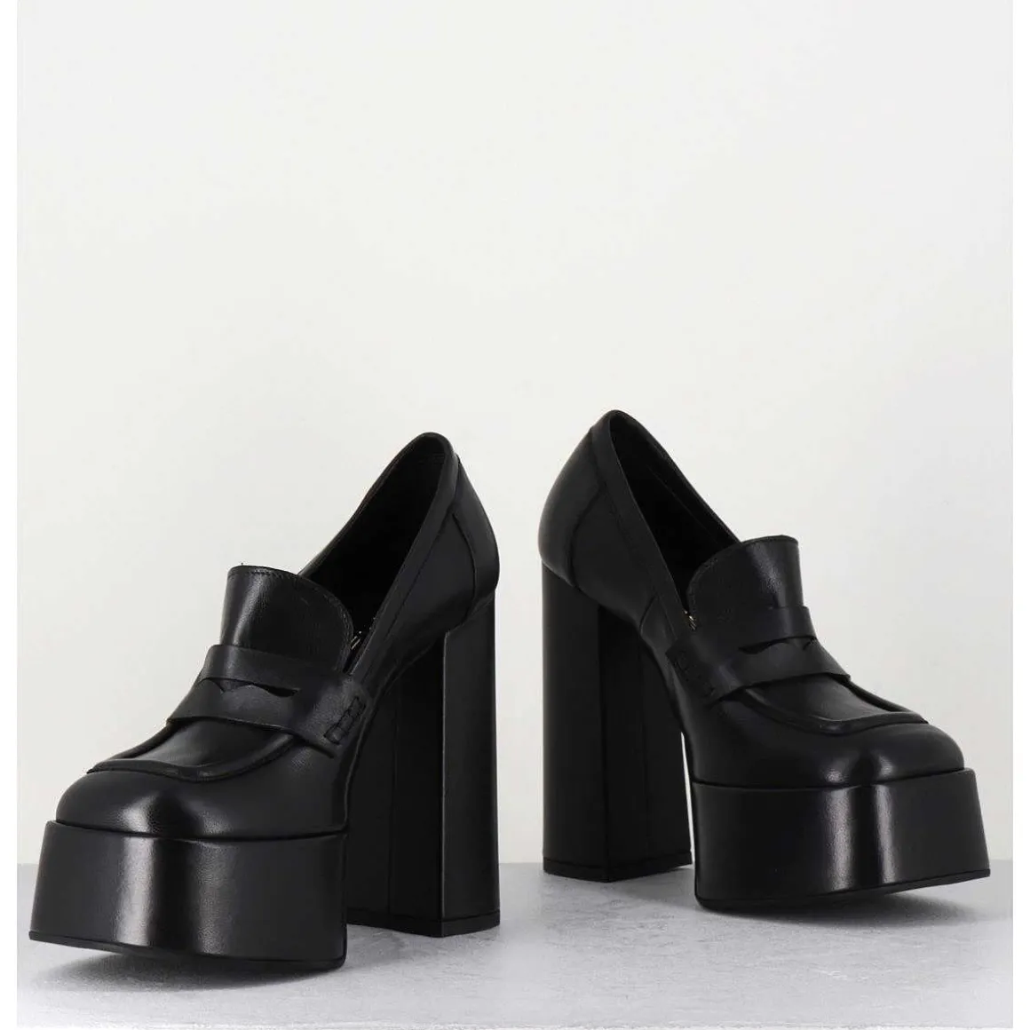 Black Leather Platform Loafers - Barsi Nero