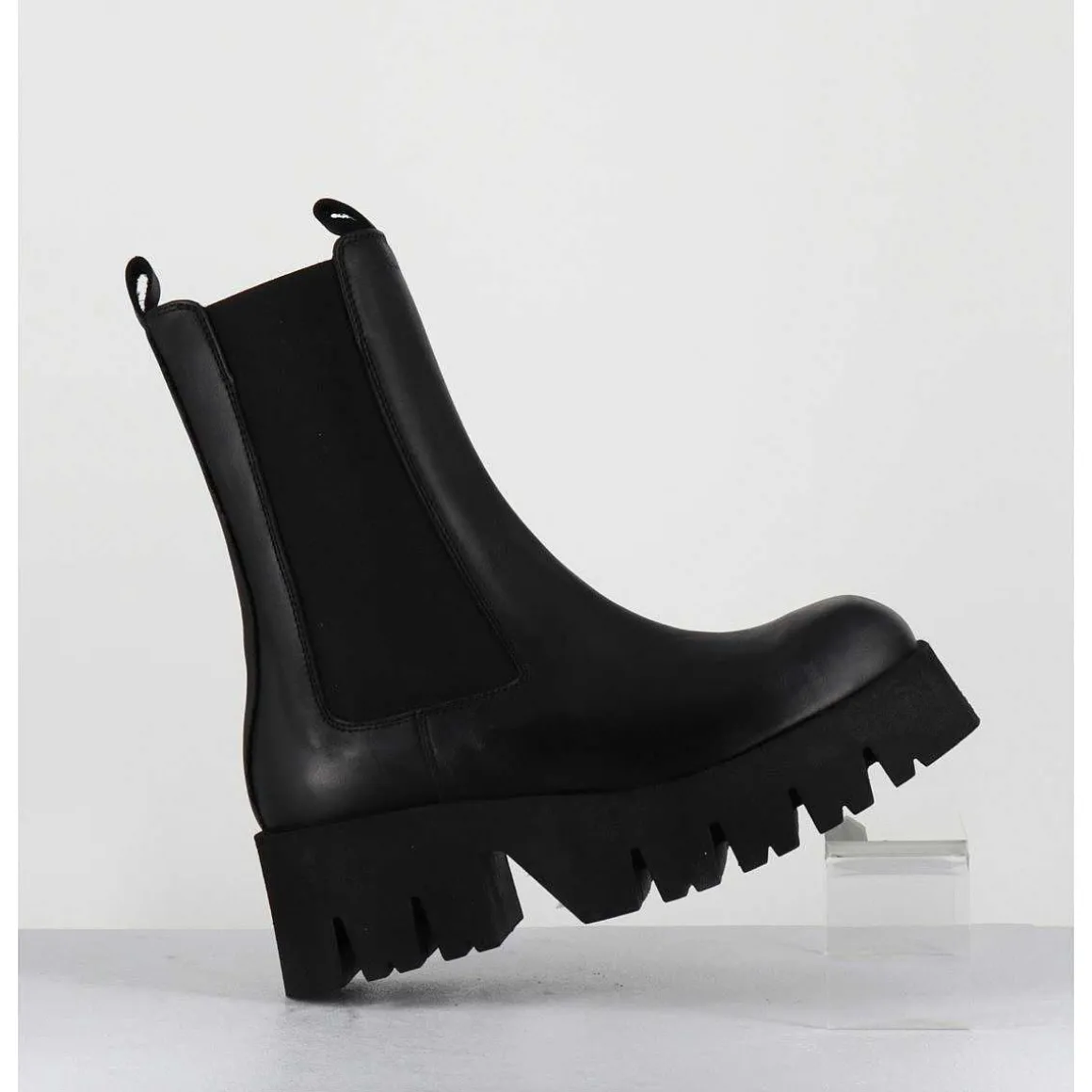 Boots A Elastique En Cuir Noir Forme Carre Semelle Legere - 4224 Gas Nero
