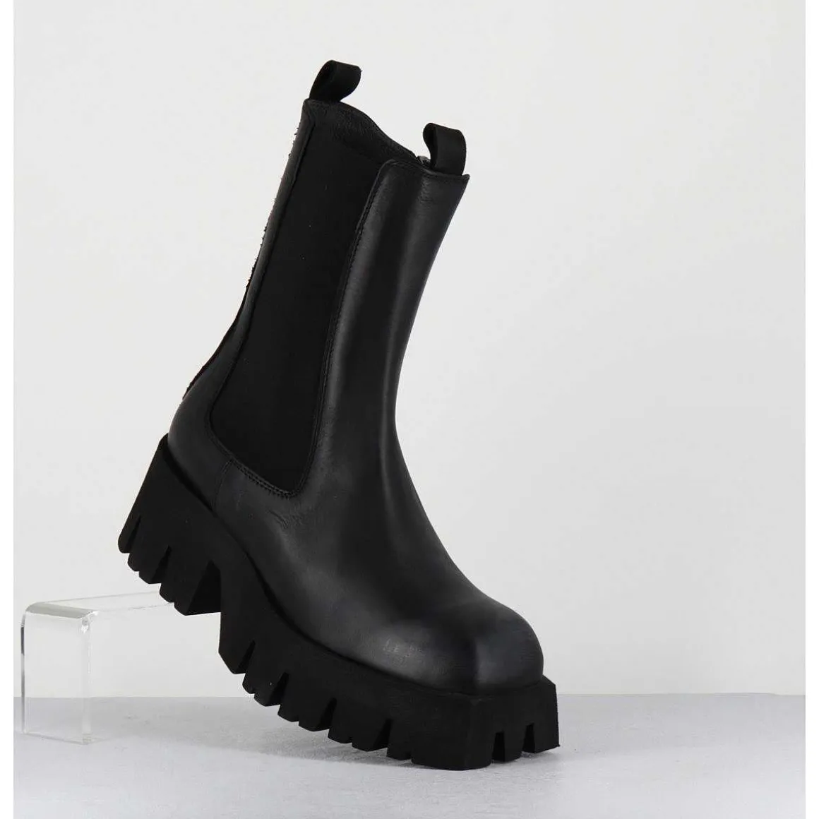 Boots A Elastique En Cuir Noir Forme Carre Semelle Legere - 4224 Gas Nero