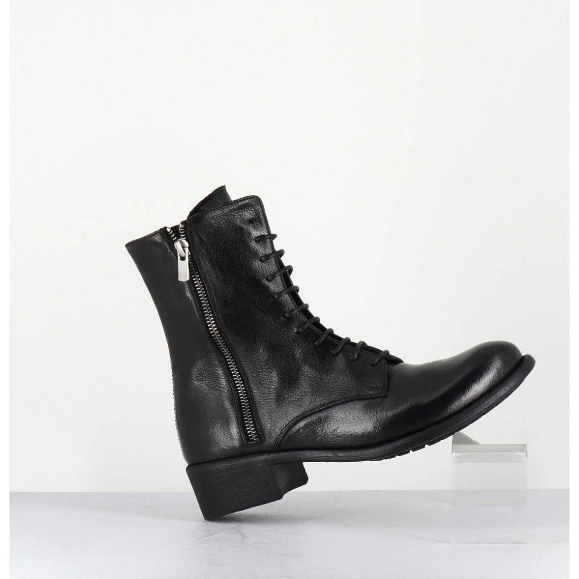 Boots A Lacets En Cuir Noir Zip Exterieur - Lison Caou063 Nero