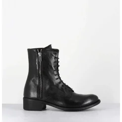 Boots A Lacets En Cuir Noir Zip Exterieur - Lison Caou063 Nero