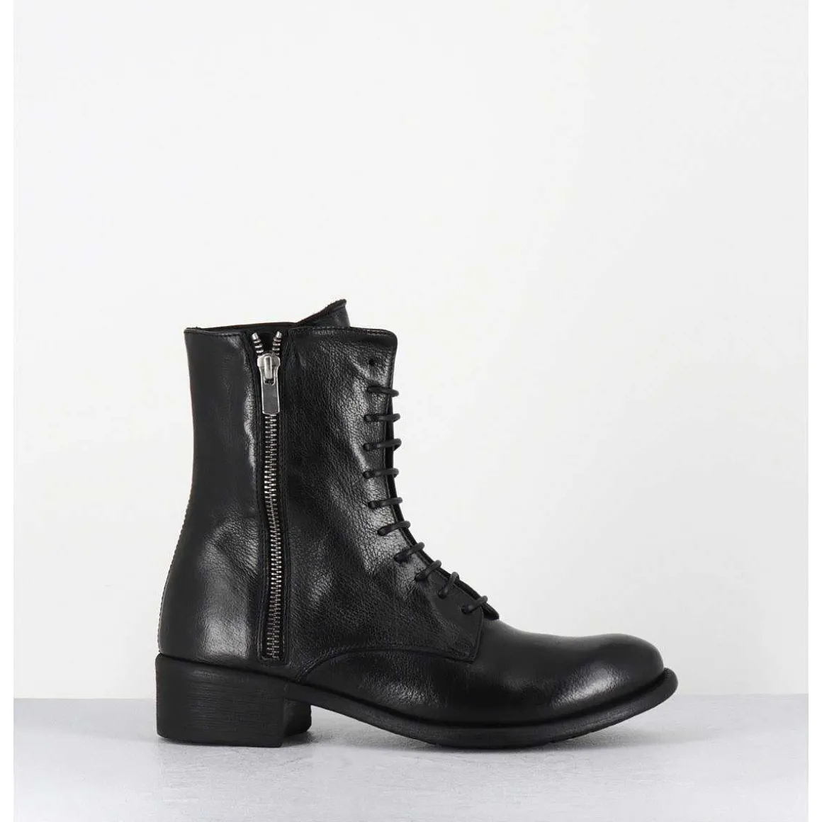 Boots A Lacets En Cuir Noir Zip Exterieur - Lison Caou063 Nero
