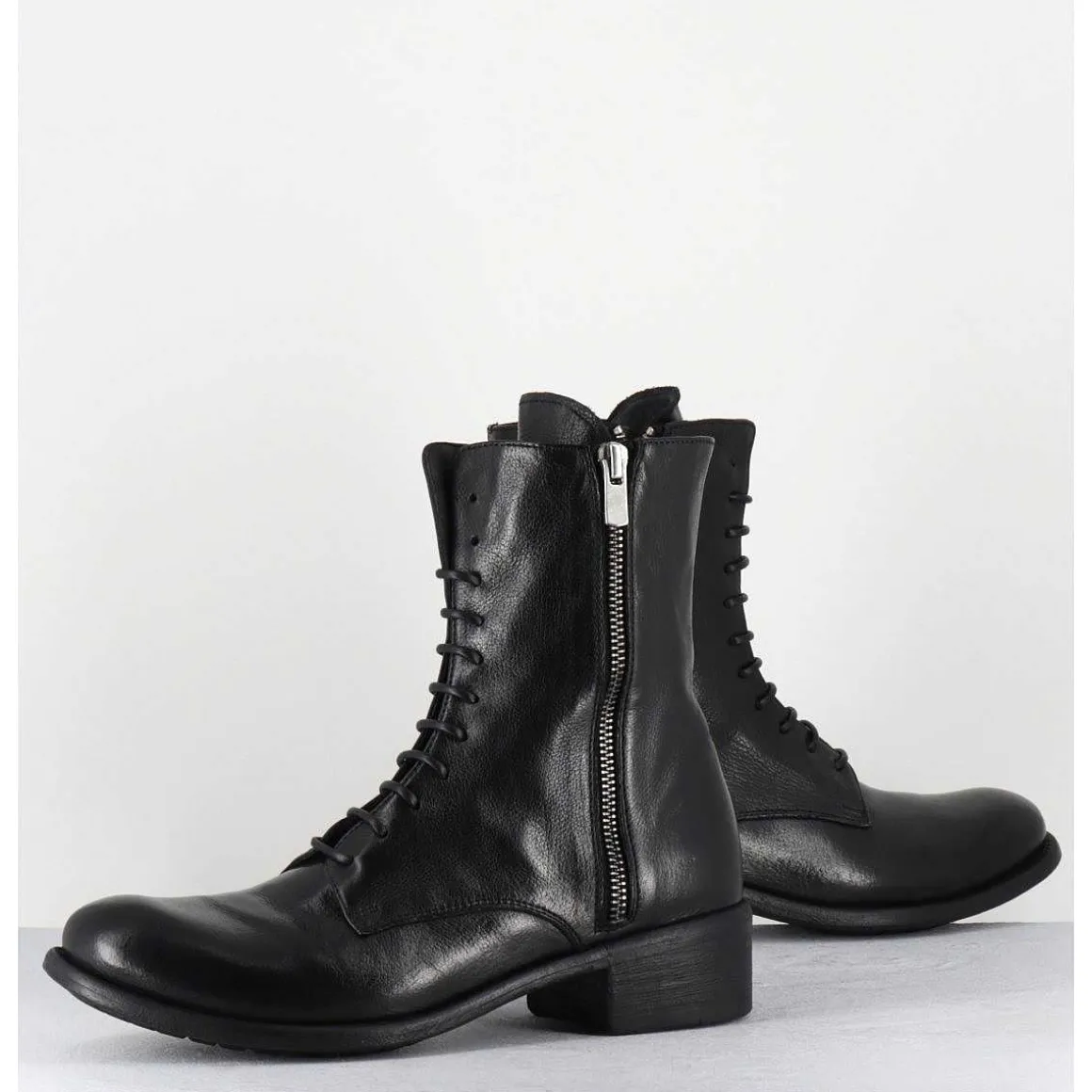 Boots A Lacets En Cuir Noir Zip Exterieur - Lison Caou063 Nero
