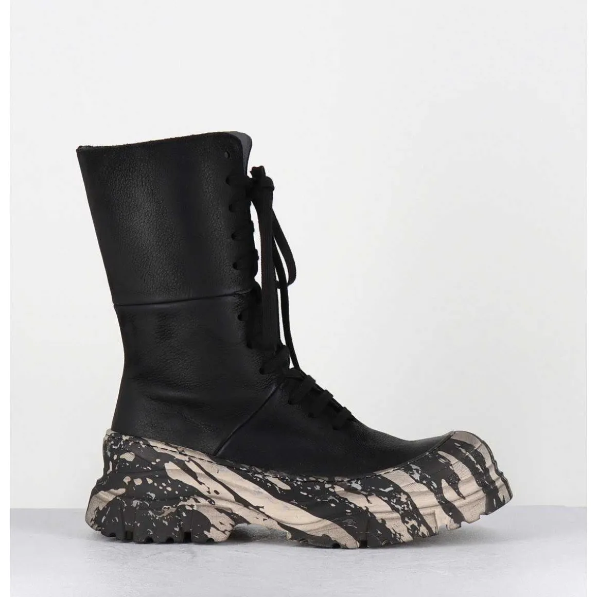 Boots A Lacets En Cuir Noir Semelle Imprime Militaire - 4142 Gas Nero