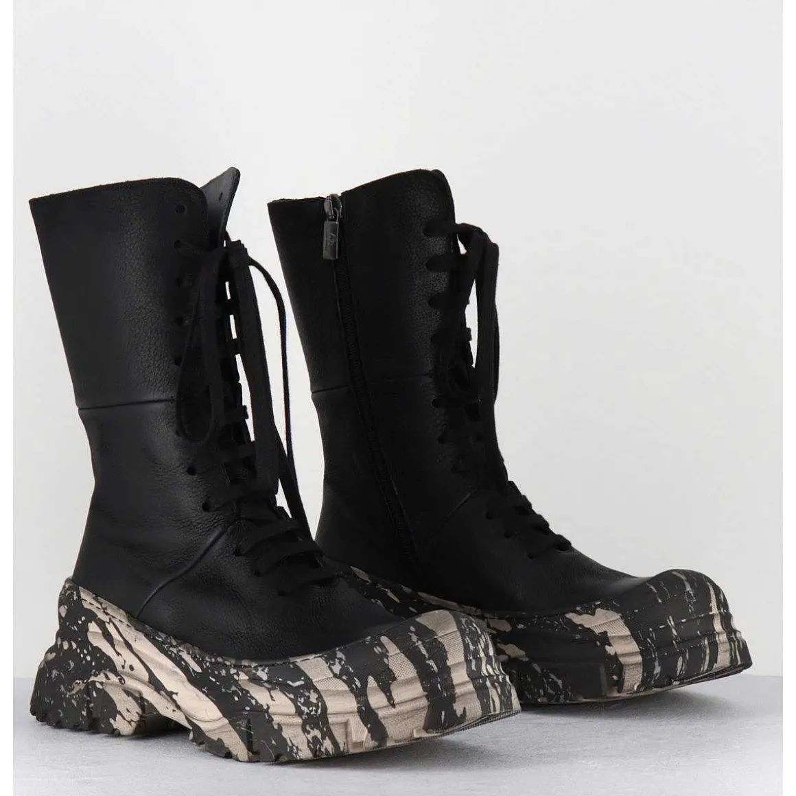Boots A Lacets En Cuir Noir Semelle Imprime Militaire - 4142 Gas Nero