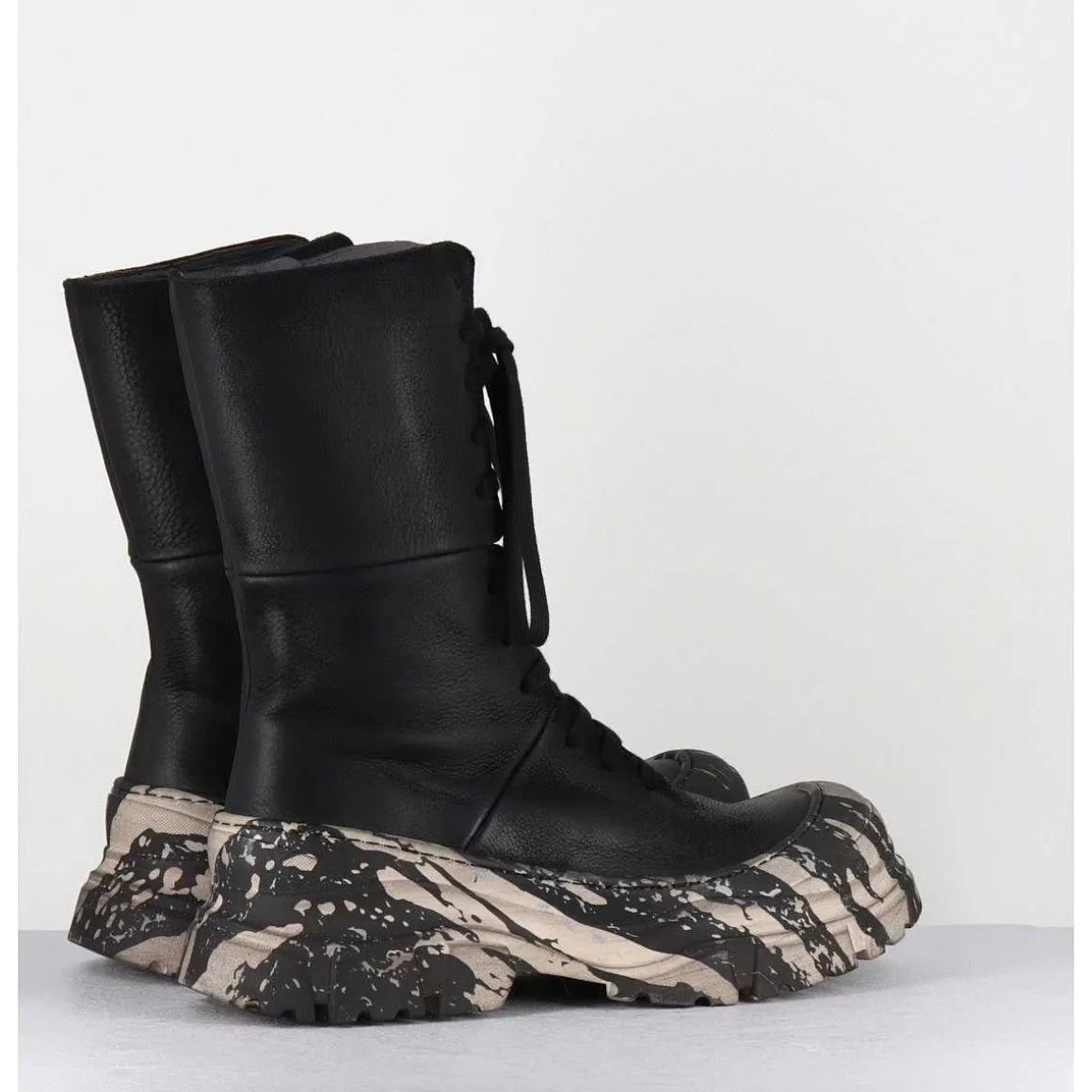 Boots A Lacets En Cuir Noir Semelle Imprime Militaire - 4142 Gas Nero