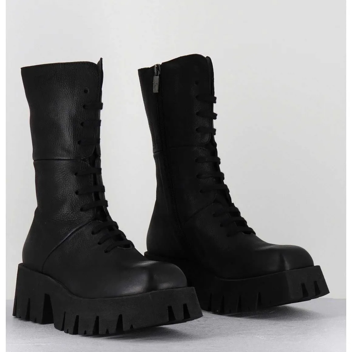 Boots A Lacets En Cuir Noir Forme Carree Semelle Legere - 4222 Gas Nero