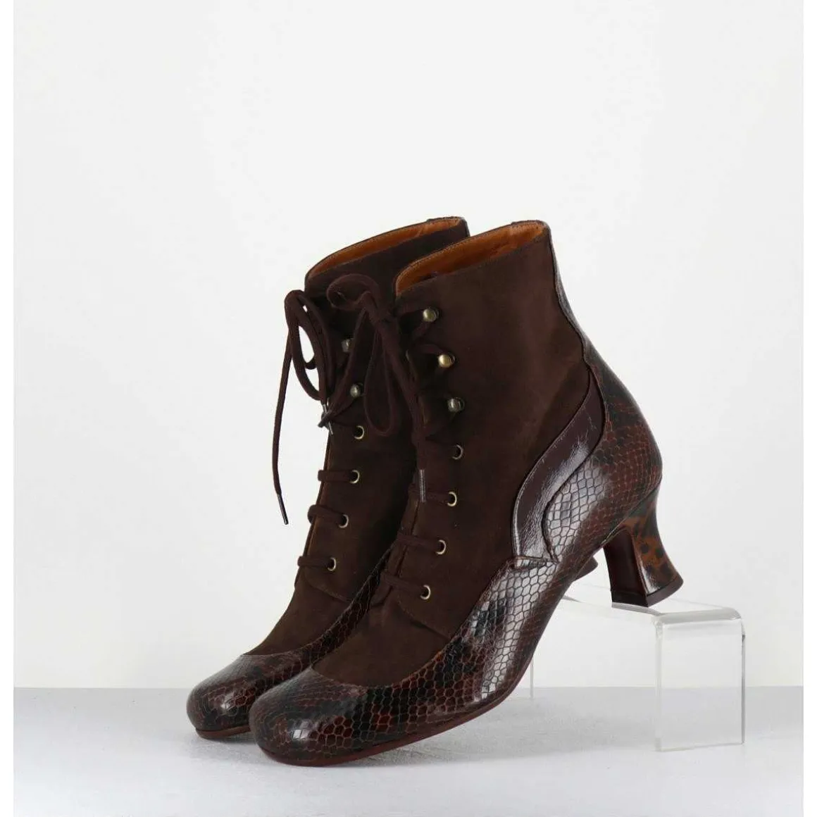 Boots A Lacets En Daim Marron & Petit Talon Retro Leopard - Mylion Mazda Testa