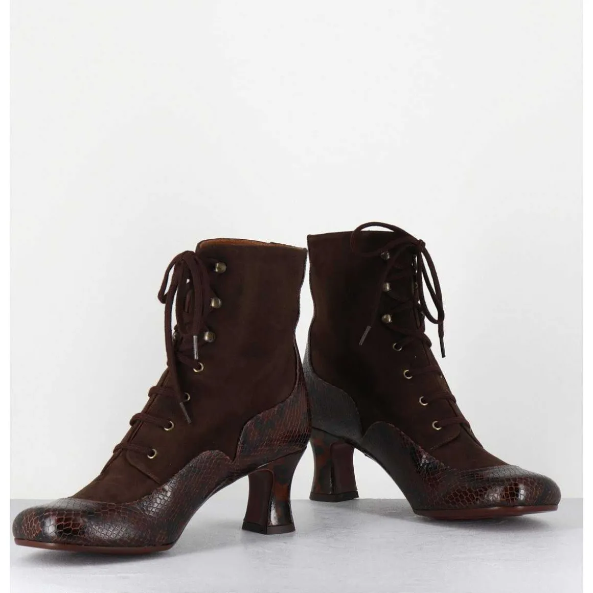 Boots A Lacets En Daim Marron & Petit Talon Retro Leopard - Mylion Mazda Testa