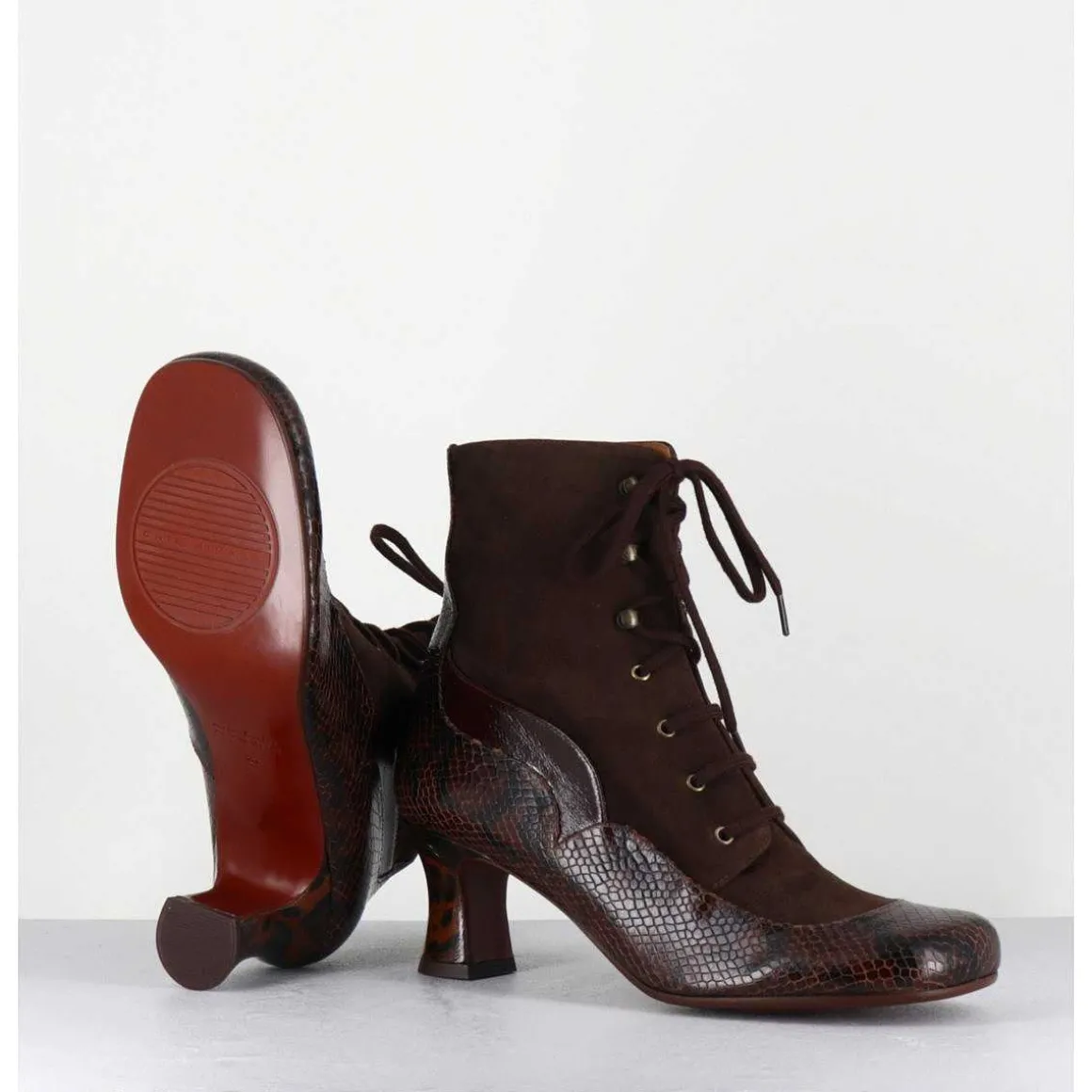 Boots A Lacets En Daim Marron & Petit Talon Retro Leopard - Mylion Mazda Testa
