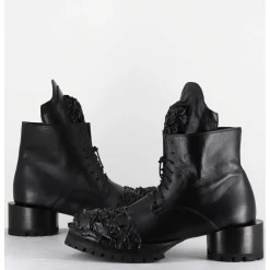 Boots A Lacets Talon Cylindrique Et Cuir Noir Froisse - Lava Nappa Nero