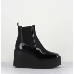 Boots A Plateforme Bout Carre En Cuir Vernis Noir - Lea Nero