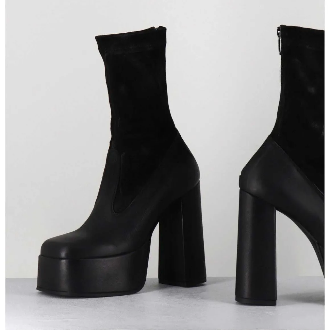 Boots A Plateforme Cuir Noir & Stretch Nubuck - 3764 Gas Nero