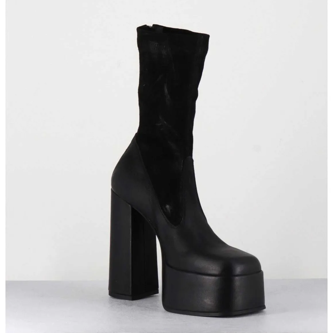 Boots A Plateforme Cuir Noir & Stretch Nubuck - 3764 Gas Nero