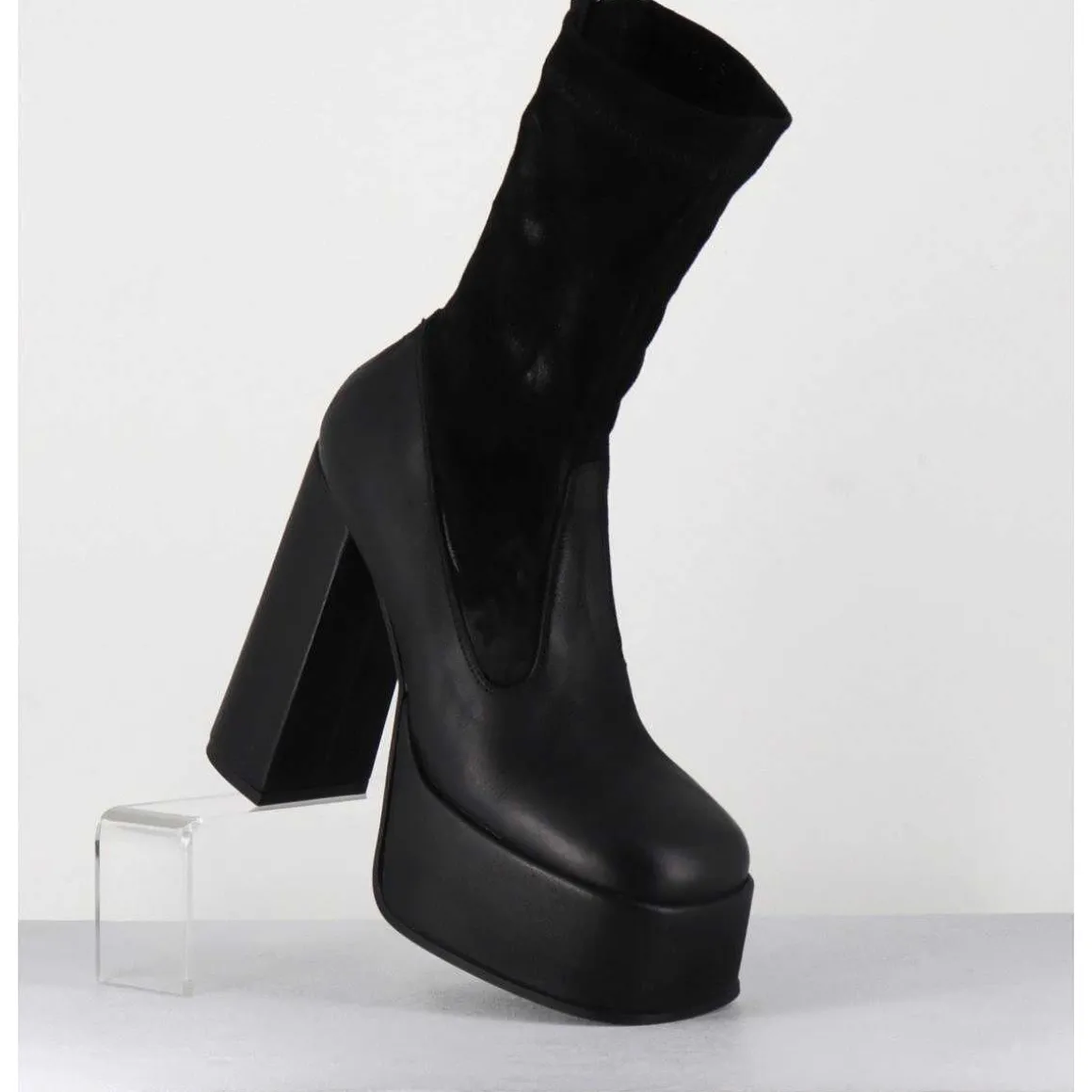 Boots A Plateforme Cuir Noir & Stretch Nubuck - 3764 Gas Nero