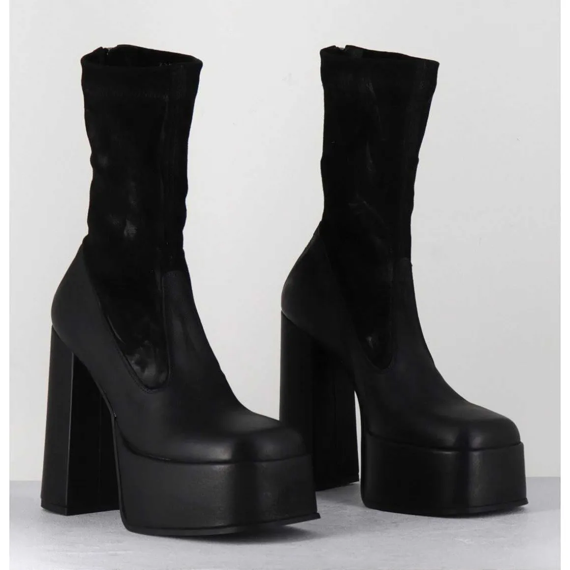 Boots A Plateforme Cuir Noir & Stretch Nubuck - 3764 Gas Nero