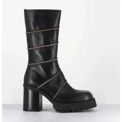 Boots A Plateforme En Cuir Noir & Surpiqures Beiges - Graciane Black Boots