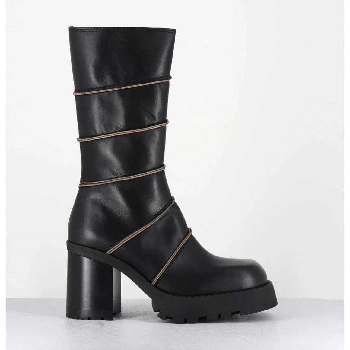 Boots A Plateforme En Cuir Noir & Surpiqures Beiges - Graciane Black Boots