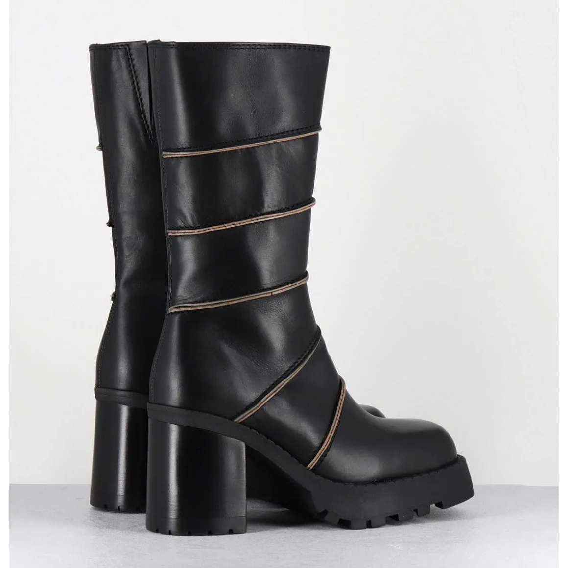 Boots A Plateforme En Cuir Noir & Surpiqures Beiges - Graciane Black Boots