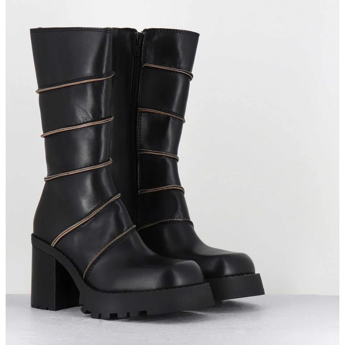 Boots A Plateforme En Cuir Noir & Surpiqures Beiges - Graciane Black Boots
