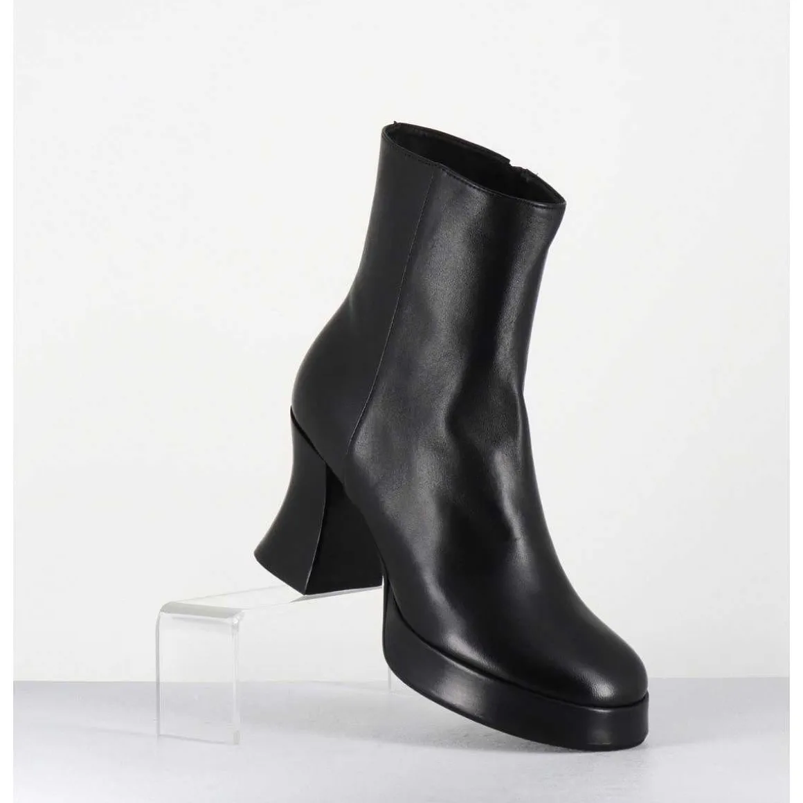 Boots A Plateforme En Cuir Noir Talon Retro - Blau Nappa Nero