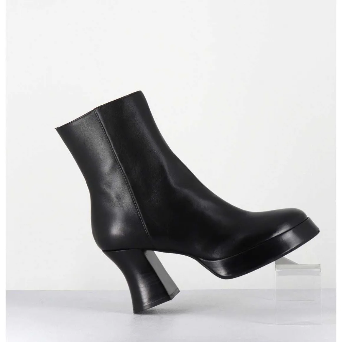 Boots A Plateforme En Cuir Noir Talon Retro - Blau Nappa Nero