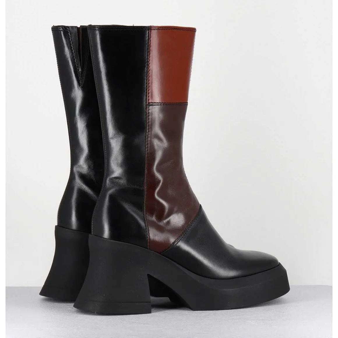 Boots A Plateforme 70S En Cuir Patchwork Noir & Marron - Belinda Brown Boots