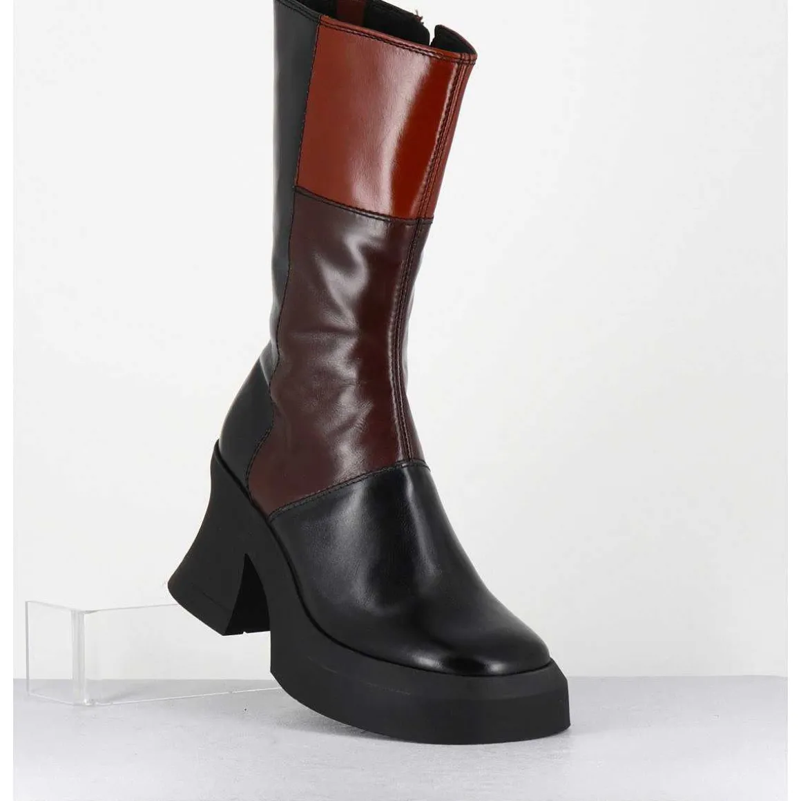 Boots A Plateforme 70S En Cuir Patchwork Noir & Marron - Belinda Brown Boots