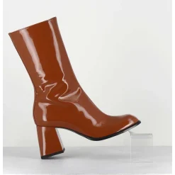 Boots A Talon 70S En Cuir Vernis Marron Orange - Ya2240 Cuoio