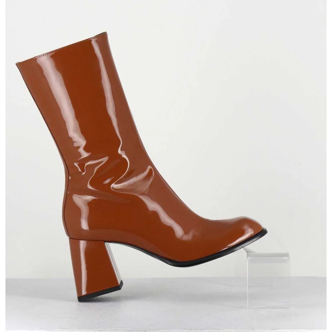 Boots A Talon 70S En Cuir Vernis Marron Orange - Ya2240 Cuoio