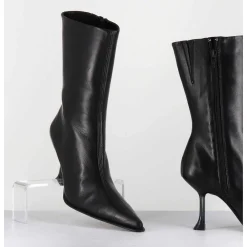 Boots Bout Poinntu En Cuir Noir & Talon Plexi - Marcela Black Boots