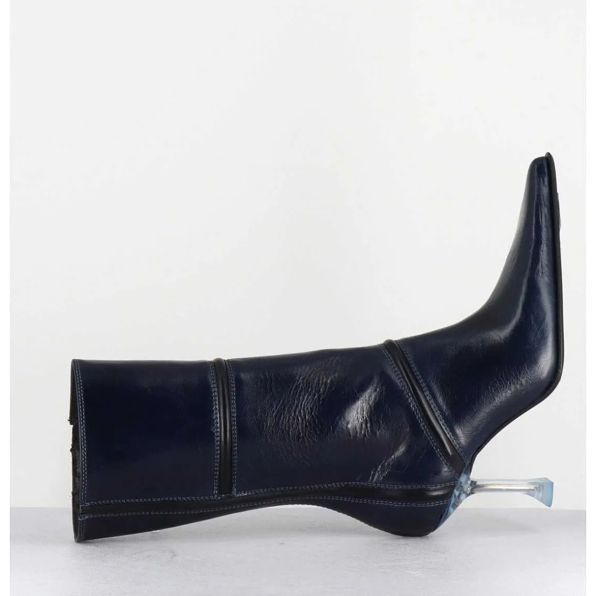 Boots Bout Pointu En Cuir Bleu & Talon Plexi - Sander Navy Boots