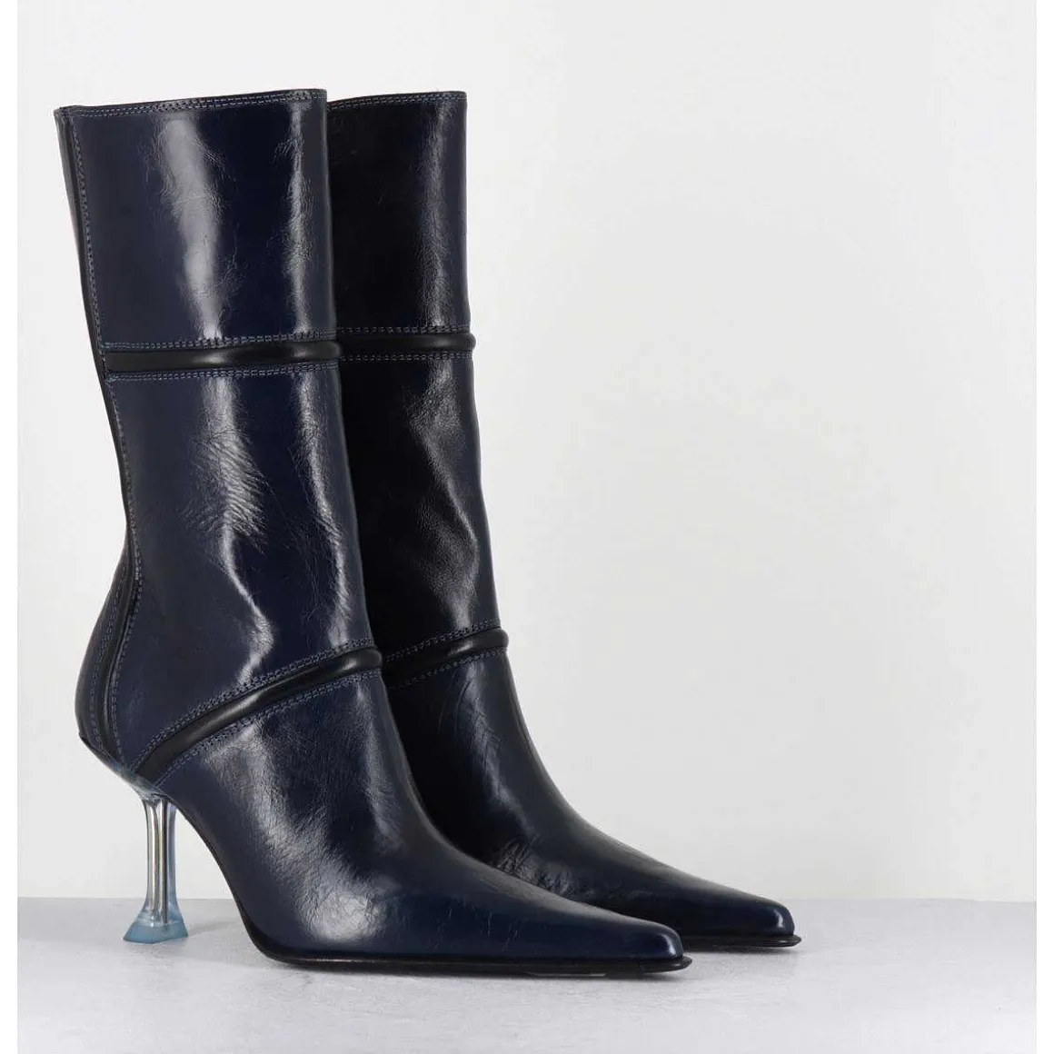 Boots Bout Pointu En Cuir Bleu & Talon Plexi - Sander Navy Boots